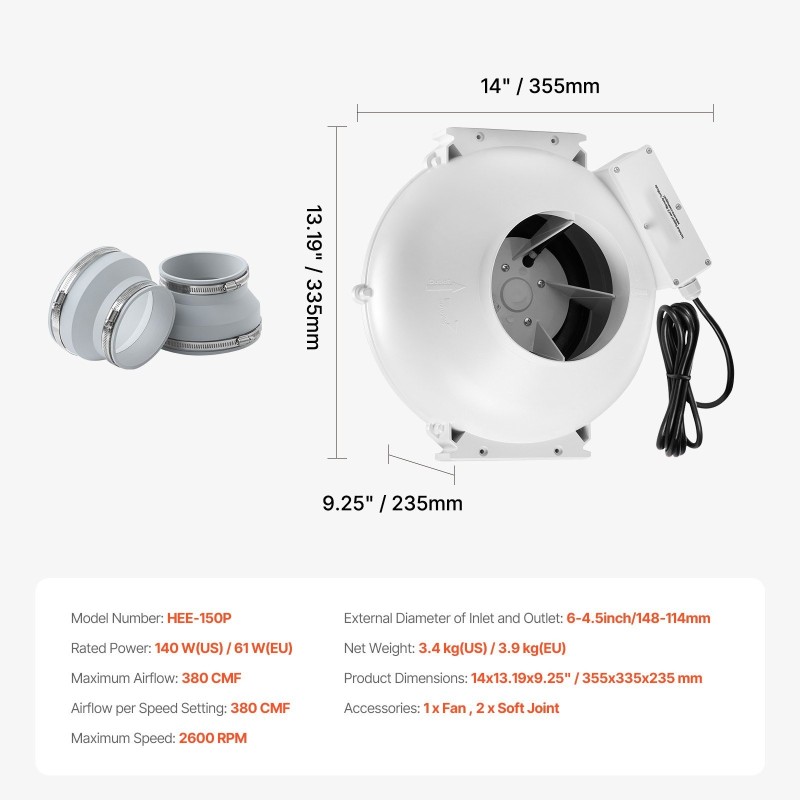 Radonpoistopuhallin ABS-kuori 98–114mm ilmavirta 380 CFM 2 liitintä sisä- ja ulkokäyttöön