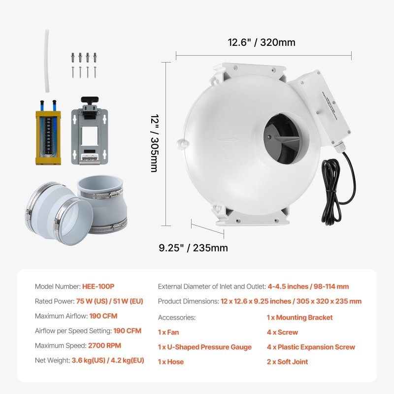 Radonpoistopuhallin asennussarja 4–4,5 tuuman liitännälle ABS-kotelo 190 CFM 47 dB 2 liitintä