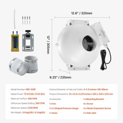 Radonpoistopuhallinpaketti ABS-kuorinen 260 CFM ilmavirta 98–89 mm 2 kytkintä mukana