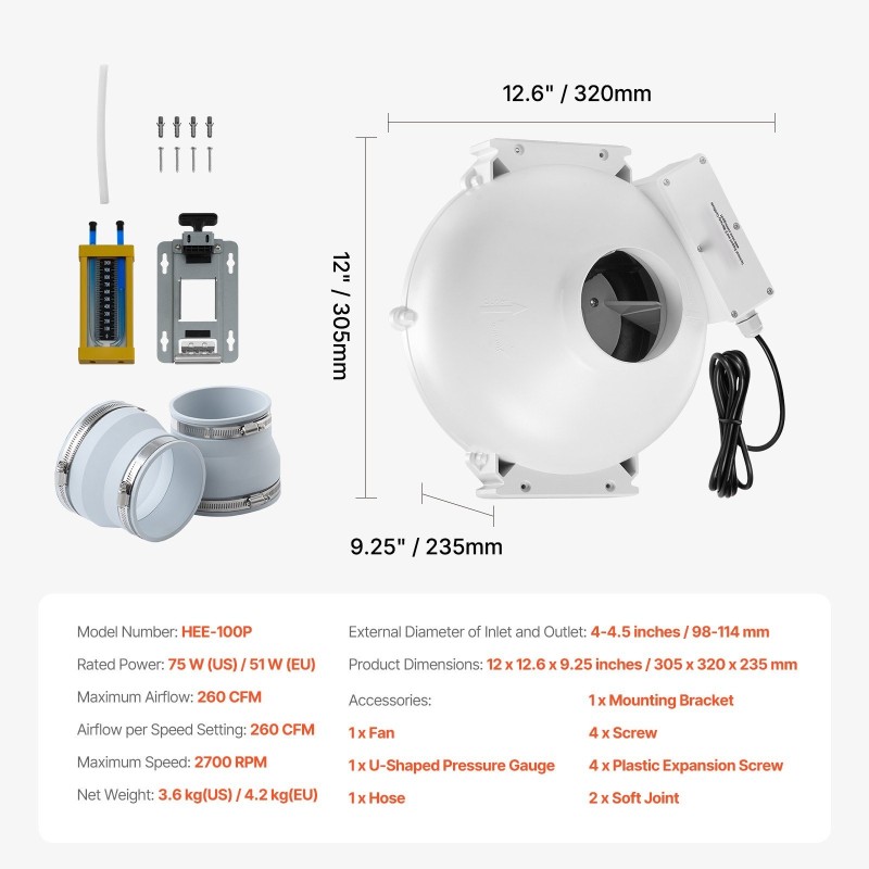 Radonpoistopuhaltimen asennussarja 98–114 mm liitännöille hiljainen 260 CFM ilmavirta ABS-runko kaksi liitintä