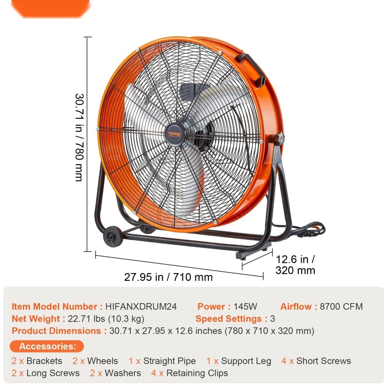 Teollisuuspuhallin 24-tuumainen 3-portainen 360 asteen kallistettava pyörillä