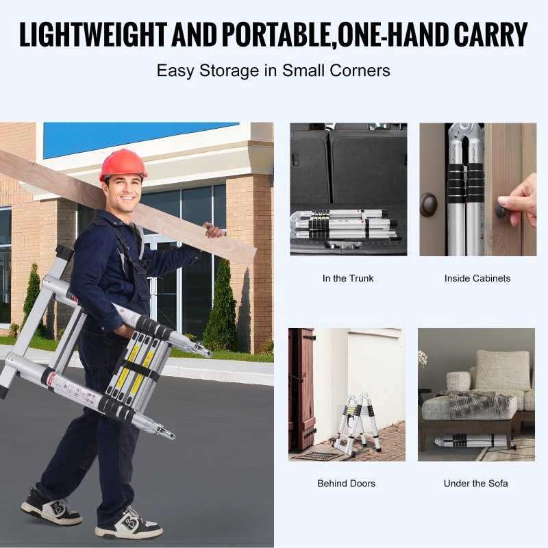 Teleskooppitikas alumiiniseos 3,8 m säädettävä A tai suoraksi avattava 170 kg kantokyky