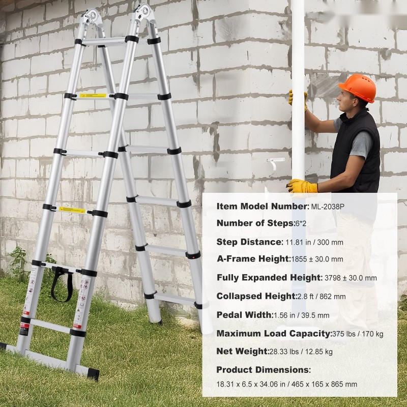 Teleskooppitikas alumiiniseos 3,8 m säädettävä A tai suoraksi avattava 170 kg kantokyky