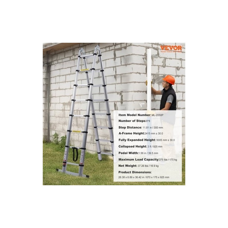 Teleskooppitikas alumiininen 5 m 170 kg kantavuus A-mallinen ja suoraksi jatkettava