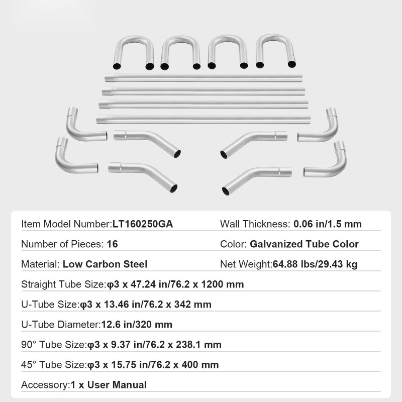 Pakoputkisarja 16-osainen galvanoitu teräsputki liukuliitoksilla universaali autokorjaamoille