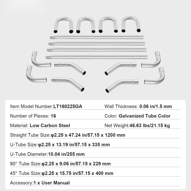 Pakoputkisetti 16-osainen galvanoitu teräs suurihalkaisijaiset putket sovitusliitoksilla