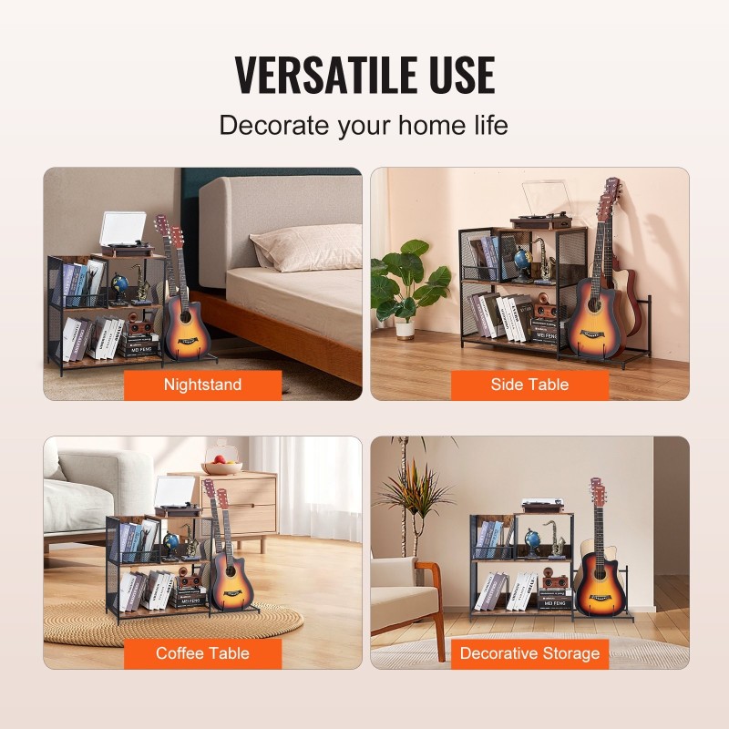 Levysoitintaso kolmitasoinen teräsrungolla kolmesataa vinyylilevyä kahden kitaran teline