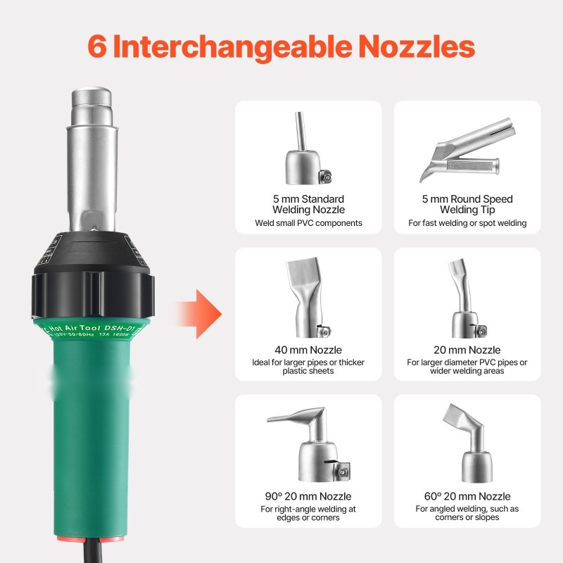 Kuumailmamuovihitsain tuhatkuusisataa wattia ruostumaton teräsholkki yhdeksänportainen lämpötilansäätö seitsemäntoista lisäosaa