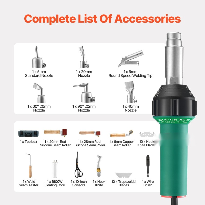 Kuumailmamuovihitsain tuhatkuusisataa wattia ruostumaton teräsholkki yhdeksänportainen lämpötilansäätö seitsemäntoista lisäosaa