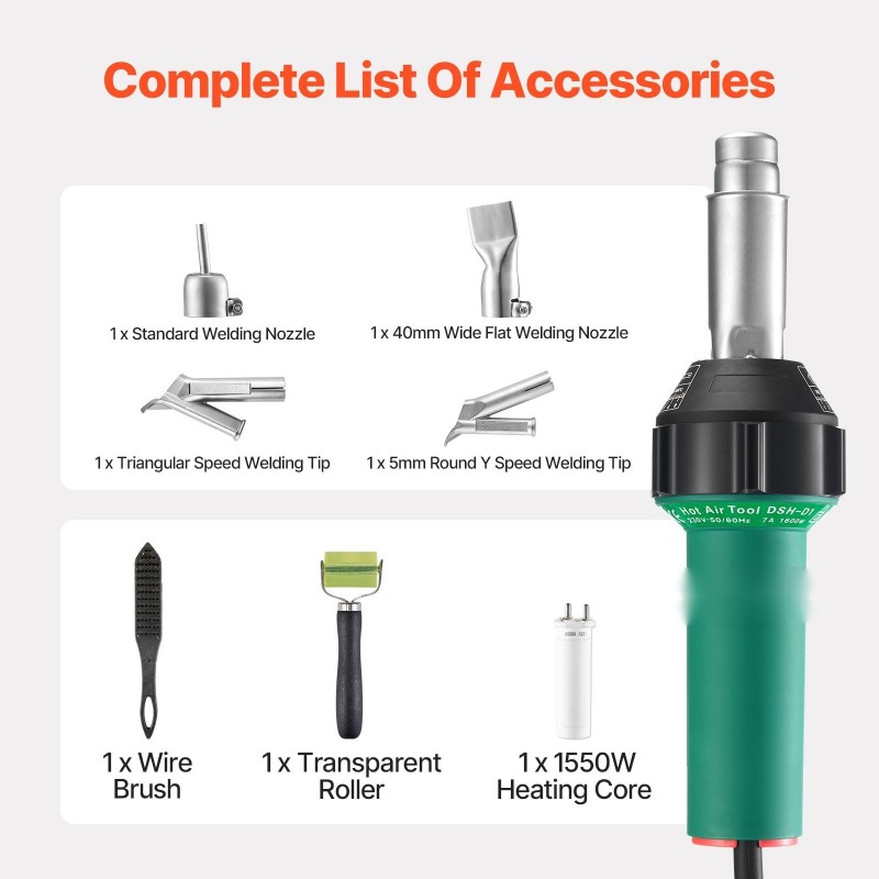 Kuumailmamuovihitsain 1600W PP PE PVC-levyille 9-portainen lämpötilansäätö 7 lisävarustetta