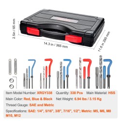 Kierrekorjaussarja 338 osaa HSS ja 304-ruostumaton teräs metriset M5–M12 tuumakoot 1/4–1/2
