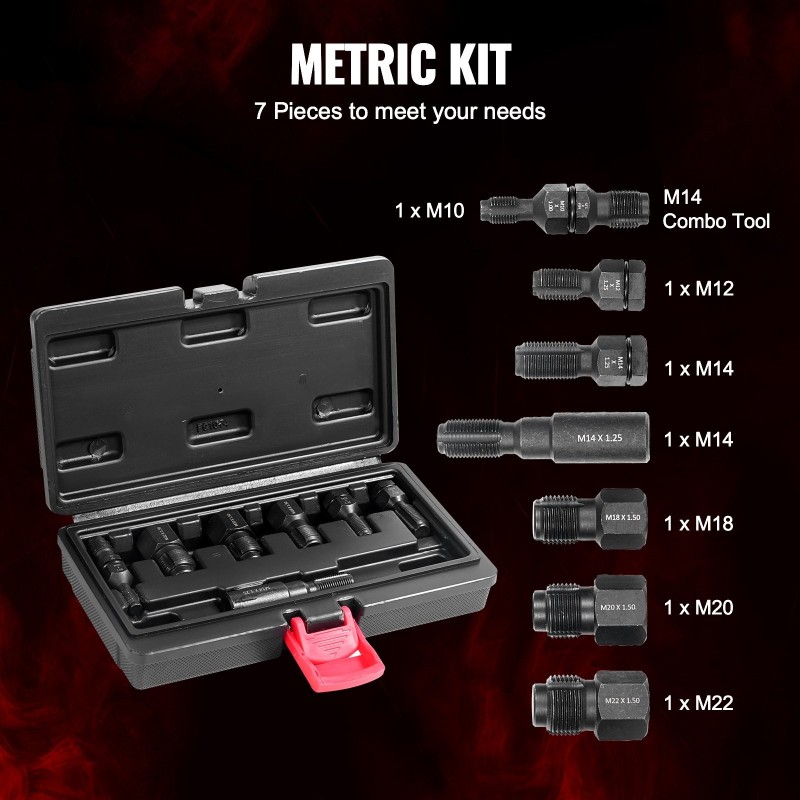 Kierteen korjaussarja 7-osainen metrinen hiiliteräs HRC45-55 sisäkierteiden korjaukseen