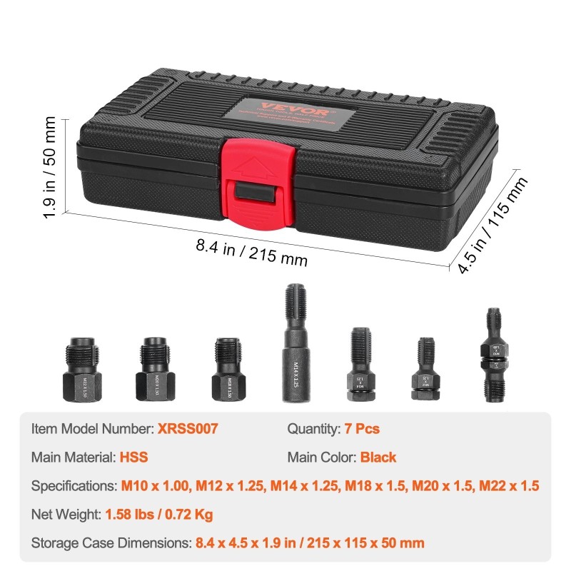 Kierteen korjaussarja 7-osainen metrinen hiiliteräs HRC45-55 sisäkierteiden korjaukseen