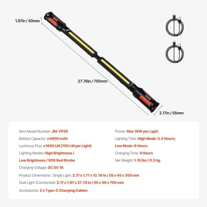 Konepellin LED-työvalo kaksiosainen magneettikiinnitys 1450 lm ladattava 4400 mAh akku