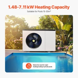 Sähkökäyttöinen allaslämpöpumppu 1,48–7,11 kW 15–30 m³ altaisiin hiiliteräsrunkoinen lämmitys ja jäähdytys