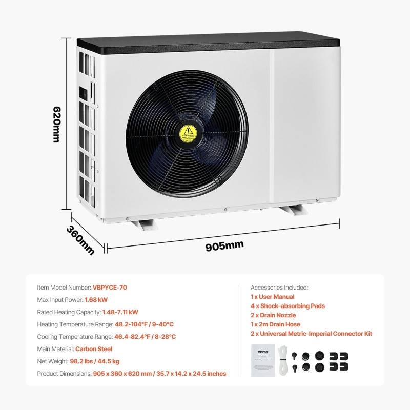 Sähkökäyttöinen allaslämpöpumppu 1,48–7,11 kW 15–30 m³ altaisiin hiiliteräsrunkoinen lämmitys ja jäähdytys