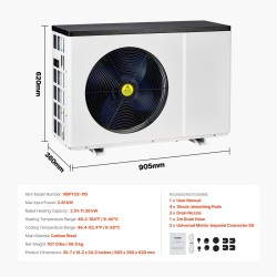Sähköinen allaslämpöpumppu 2.51–11.38 kW 25–50 m³ hiiliteräs lämmitys ja jäähdytys