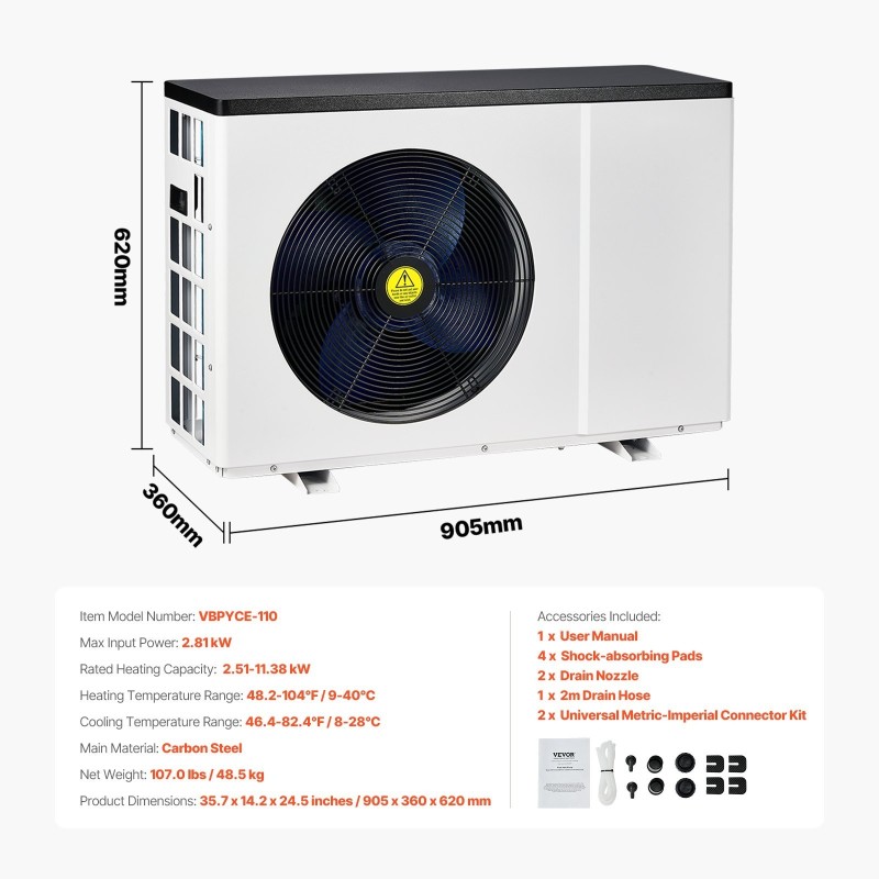 Sähköinen allaslämpöpumppu 2.51–11.38 kW 25–50 m³ hiiliteräs lämmitys ja jäähdytys