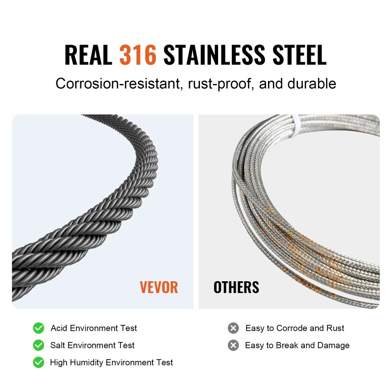 316-ruostumaton teräsvaijeri 3,18mm 152,4m 7x7-säikeet ulkokäyttöön sisältää leikkurin ja käsineet