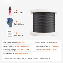 316-ruostumaton teräsvaijeri 3,18mm 152,4m 7x7-säikeet ulkokäyttöön sisältää leikkurin ja käsineet