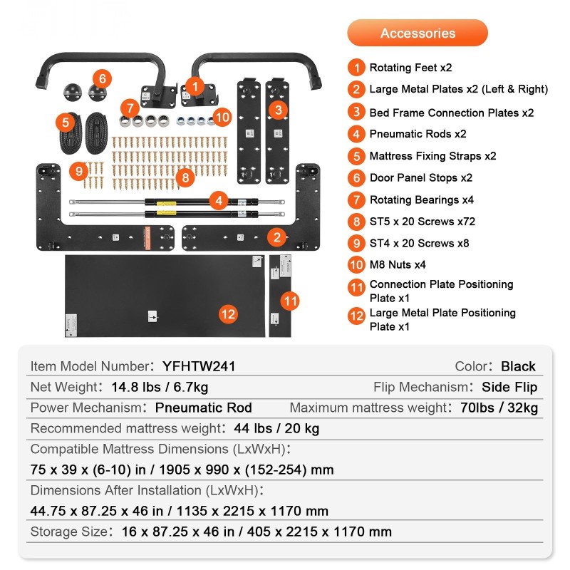 Seinäsängyn nostosarja kaksoskoon patjalle kaasujousilla itse rakennettavaan asennukseen apulevyllä vakaalla rakenteella