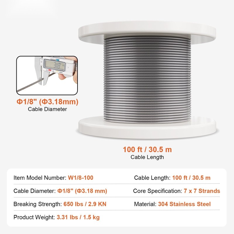 Teräsvaijeri 304-ruostumaton muovipinnoitettu 3,18 mm 30,5 m 7x7 59 tarviketta