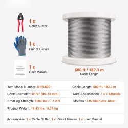 Teräsvaijeri 316-ruostumatonta terästä 3,18 mm 182,3 m 7x7 säikeinen
