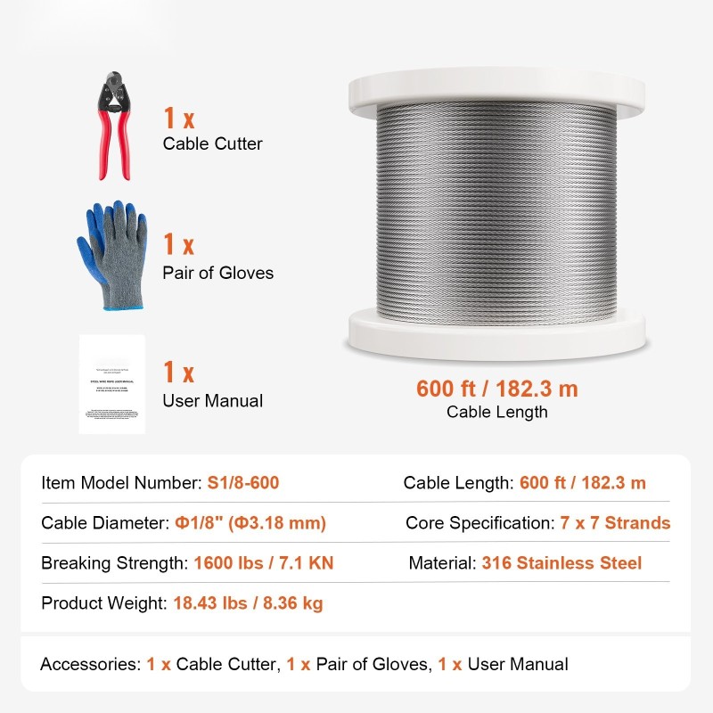 Teräsvaijeri 316-ruostumatonta terästä 3,18 mm 182,3 m 7x7 säikeinen