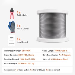 316 ruostumaton teräsvaijeri 3,18 mm 305 m 7x7 sisältää leikkurin ja käsineet