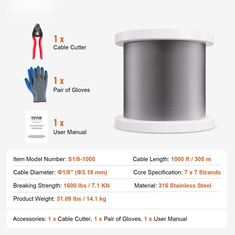 316 ruostumaton teräsvaijeri 3,18 mm 305 m 7x7 sisältää leikkurin ja käsineet