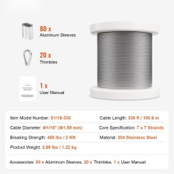 Vaijerisarja 304 ruostumatonta terästä 1,59 mm 100,6 m 80 holkkia 20 köysisilmää