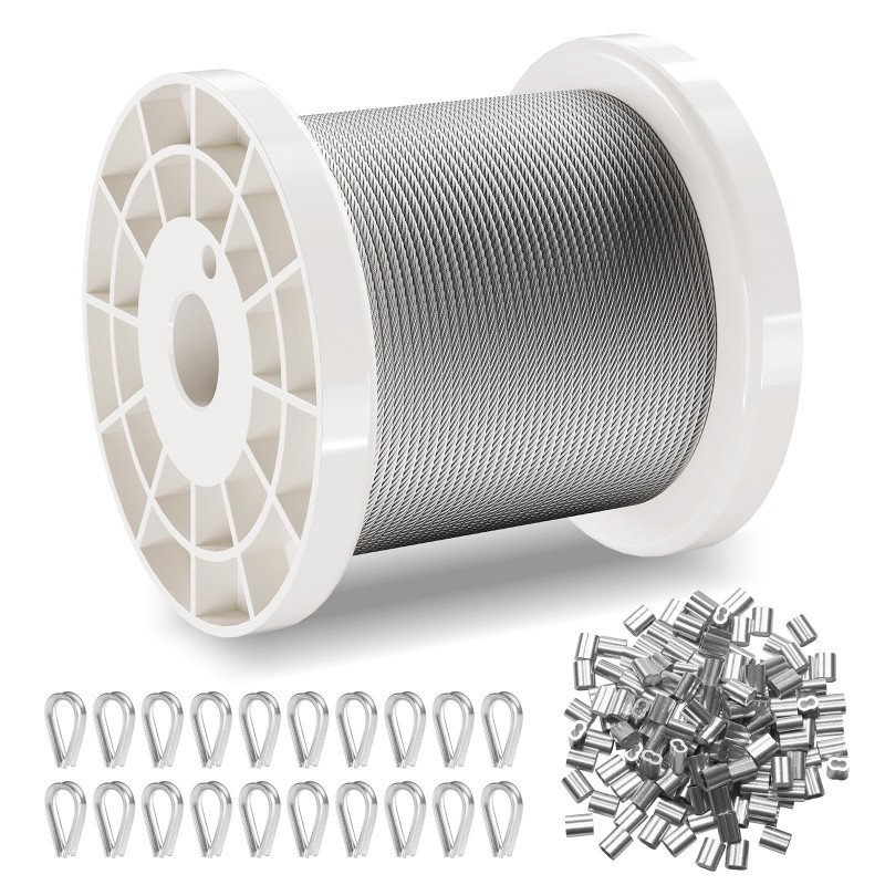 Vaijerisarja 304 ruostumatonta terästä 1,59 mm 100,6 m 80 holkkia 20 köysisilmää