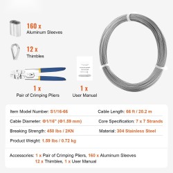 Ruostumaton teräsvaijeri 1,59 mm 20,2 m 7x7 asennussarja 160 holkkia 12 silmukkaa