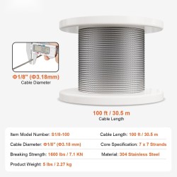 Ruostumattoman teräksen vaijerisarja 3,18 mm 30,5 m 7x7 124 tarviketta kaiteisiin