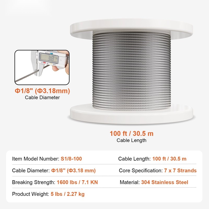 Ruostumattoman teräksen vaijerisarja 3,18 mm 30,5 m 7x7 124 tarviketta kaiteisiin