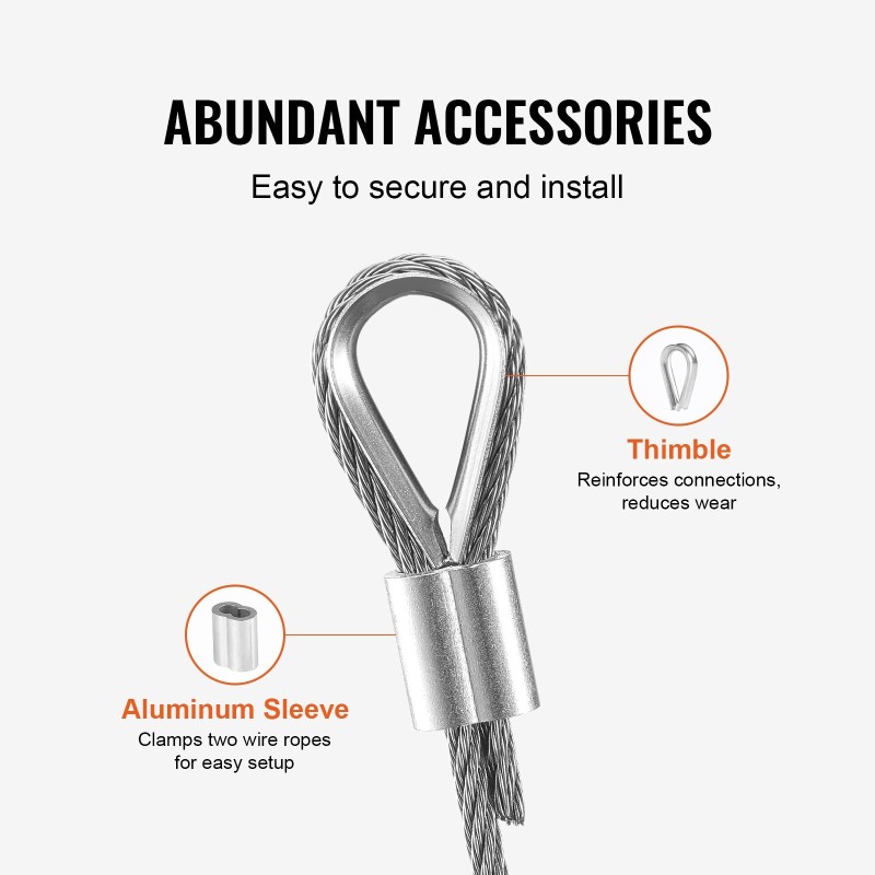 Teräsvaijeri 316-ruostumaton 3,18mm 30,5m 7x7 20 holkkia 10 kaapelilenkkiä 7,1kN