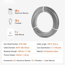Teräsvaijeri 316-ruostumaton 3,18mm 30,5m 7x7 20 holkkia 10 kaapelilenkkiä 7,1kN