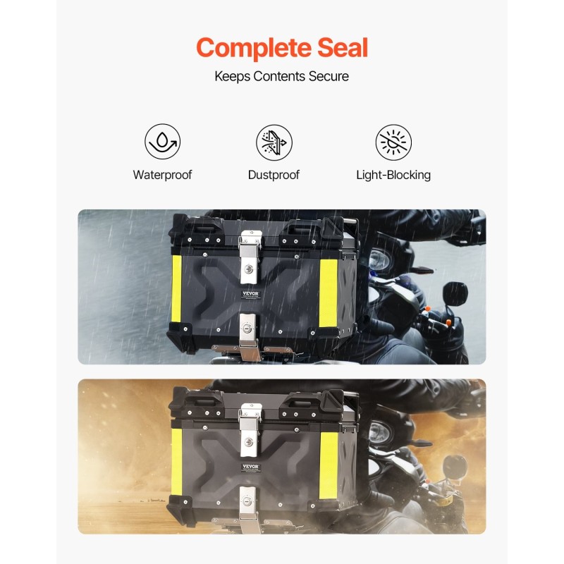 Moottoripyörän takalaukku alumiiniseos 55 L vesitiivis lukollinen irrotettava nahkavuori selkäpehmuste musta