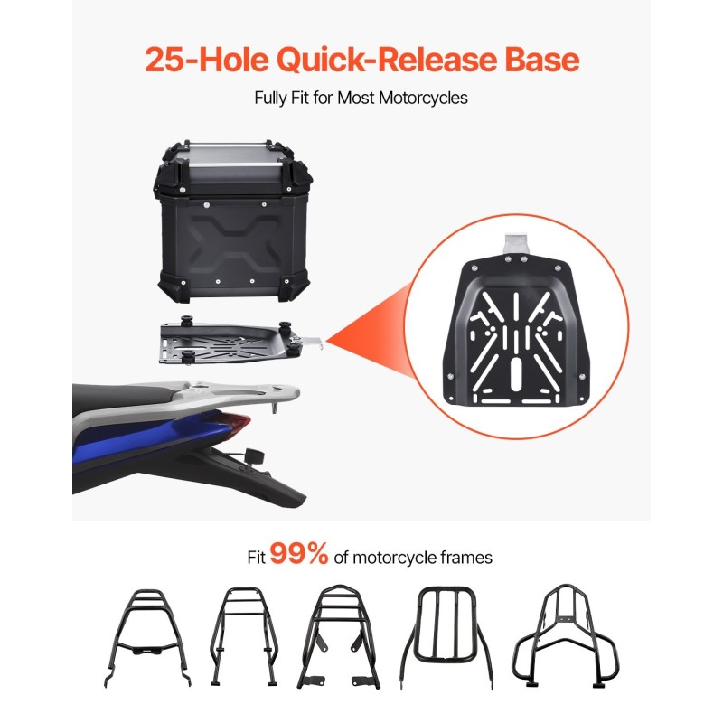 Moottoripyörän takalaukku alumiiniseos 55 L vesitiivis lukollinen irrotettava nahkavuori selkäpehmuste musta