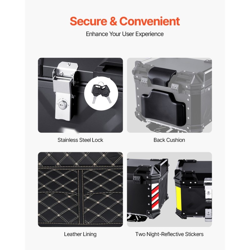 Moottoripyörän takalaukku alumiiniseos 55 L vesitiivis lukollinen irrotettava nahkavuori selkäpehmuste musta