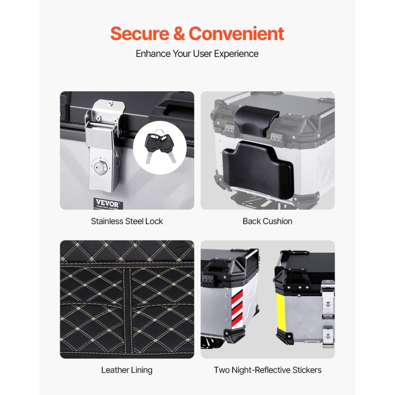 Moottoripyörän alumiiniseos takalaukku 45 litran tilavuus irrotettavalla nahkavuorella