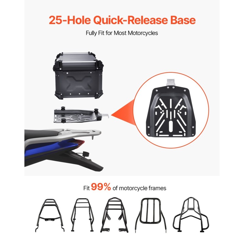 Moottoripyörän takaboksi alumiiniseos 65 l lukittava irrotettava nahkavuori selkänoja