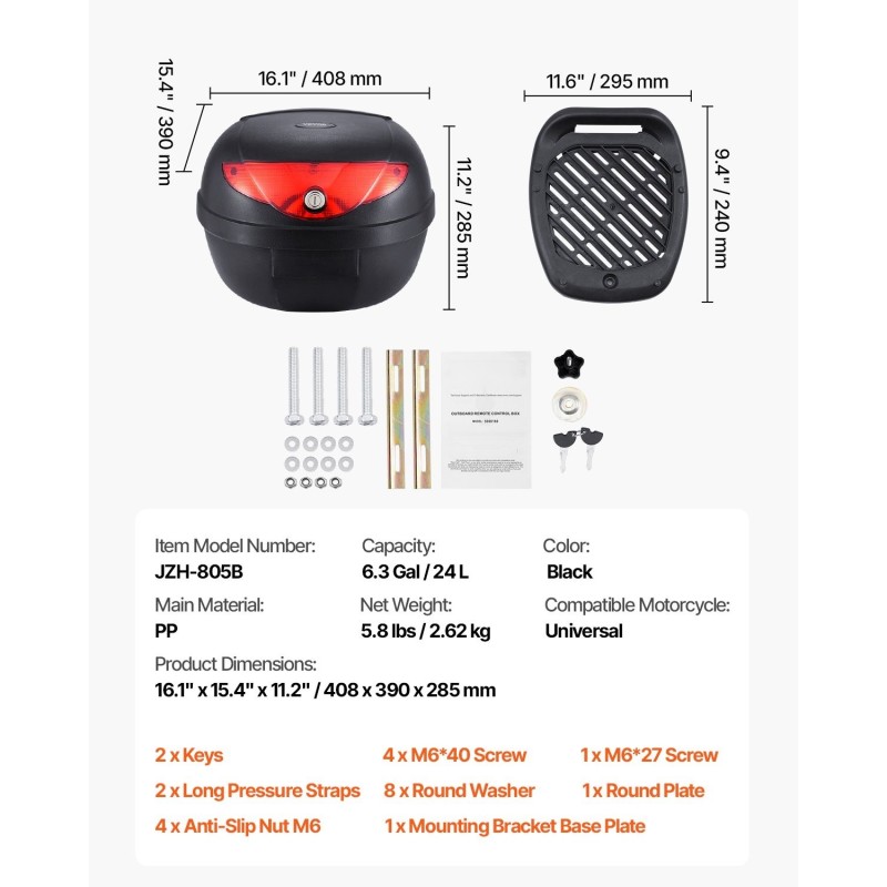 Moottoripyörän takalaukku 24 litran PP-muovinen säänkestävä irrotettava monireikäisellä pohjalevyllä