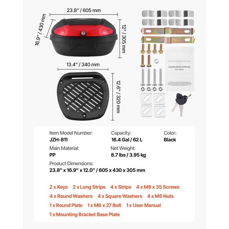 Moottoripyörän takalaukku PP-materiaali 62 l vesitiivis irrotettava monireikäinen pohjalevy heijastavilla paneeleilla musta