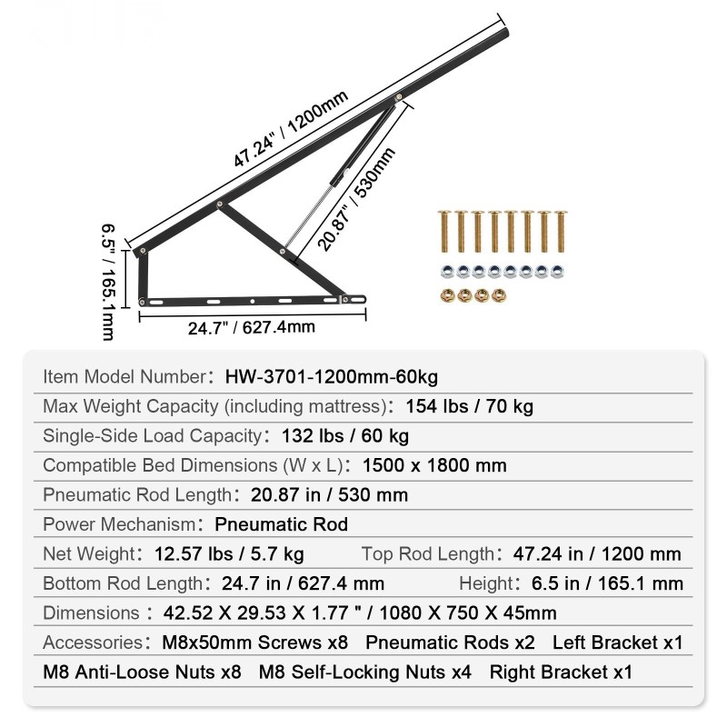 Sängynnostosarja teräs 59x71 tuuman sängylle 70 kilogramman kantavuus kaasujousilla