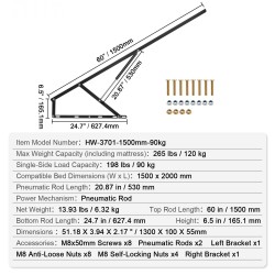Seinäsängyn nostosarja teräsrakenne kaasujousilla noin 59x79 tuumaa 120 kg kantavuus