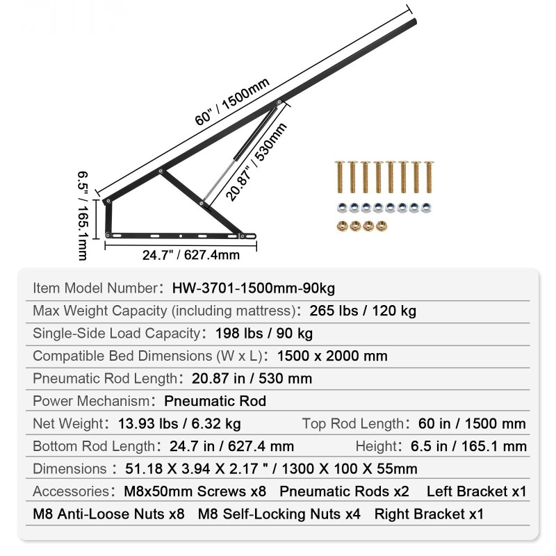 Seinäsängyn nostosarja teräsrakenne kaasujousilla noin 59x79 tuumaa 120 kg kantavuus