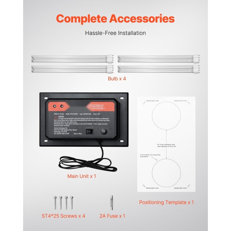 Ilmastointikanavaan asennettava polykarbonaattikoteloinen UV-C ilmanpuhdistin 72W 2 lamppua 2 varalamppua