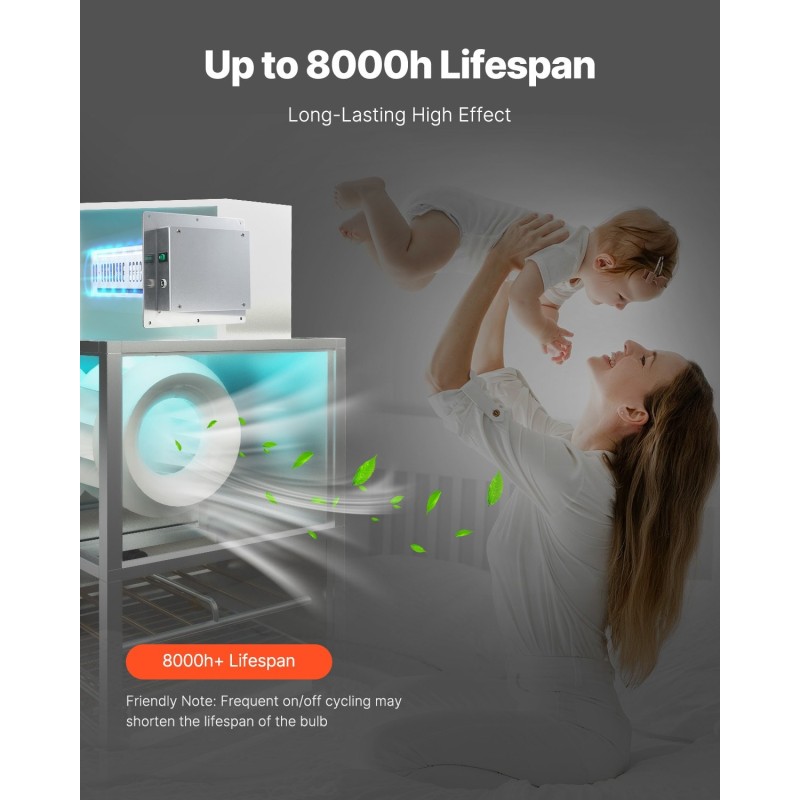 Ilmastointikanavaan asennettava alumiiniseosinen ilmanpuhdistin 24W yhdellä lampulla 313 mm