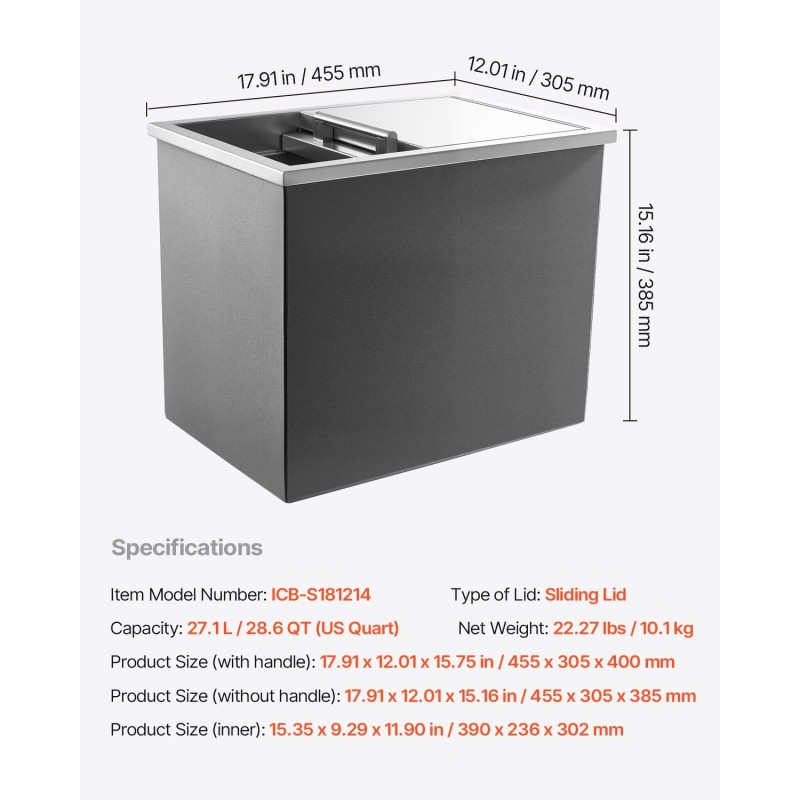 Upotettava kylmälaatikko ruostumatonta terästä 27,1 l liukukansi ulkokäyttöön